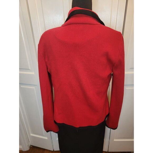 Red Sweater Knit Blazer Black Trim Pockets L Christmas Festive Party Office - Picture 2 of 9